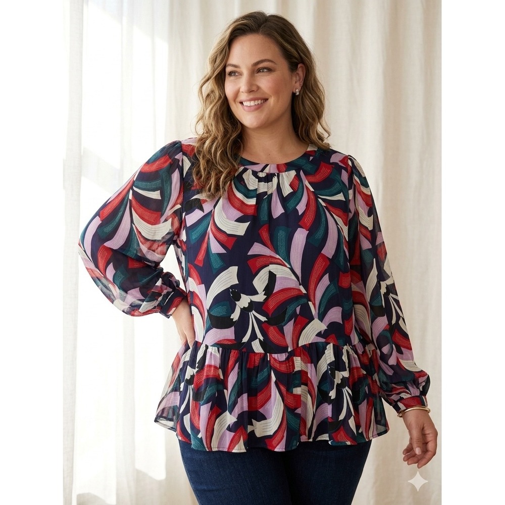 Maeve by Anthropologie Abstract Geometric Peplum Blouse Navy Red Multi 2X